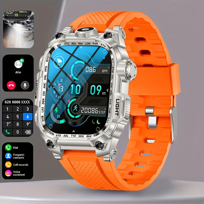 2.01-Inch Large Screen Men'S Outdoor Sports Smartwatch, 600 Mah Large Battery, 100+ Sports Mode, 100+ Dial to Switch, with Flashlight,, Fitness, Wireless Call, Voice Assistant And Notification, Suitable for Android/Iphone, Ch