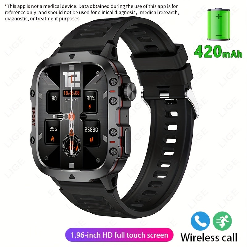 1pc LIGE Men'S Smart Watch with Voice Assistant, Digital Square Dial, Water Resistant, Sports Strap, 100+ Exercise Modes, Rechargeable Battery, Weather & Flashlight Features, Alarm Clock, Calculator, Zinc Alloy Case, USB/Batt