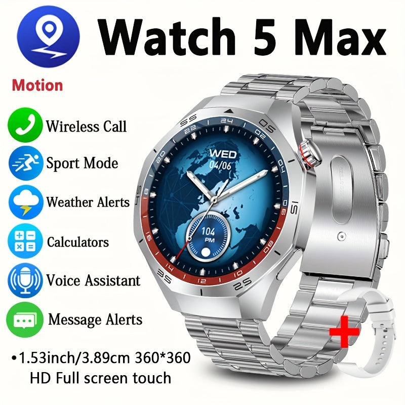 ChiBear Watch 5 Pro Smartwatch | 1.53-inch HD TFT Display | Wireless 5.3 | AI Voice Assistant | Multiple Sports Modes | Wireless Calling & Notifications | USB Rechargeable Lithium Polymer Battery | Silicone Strap | Weather |