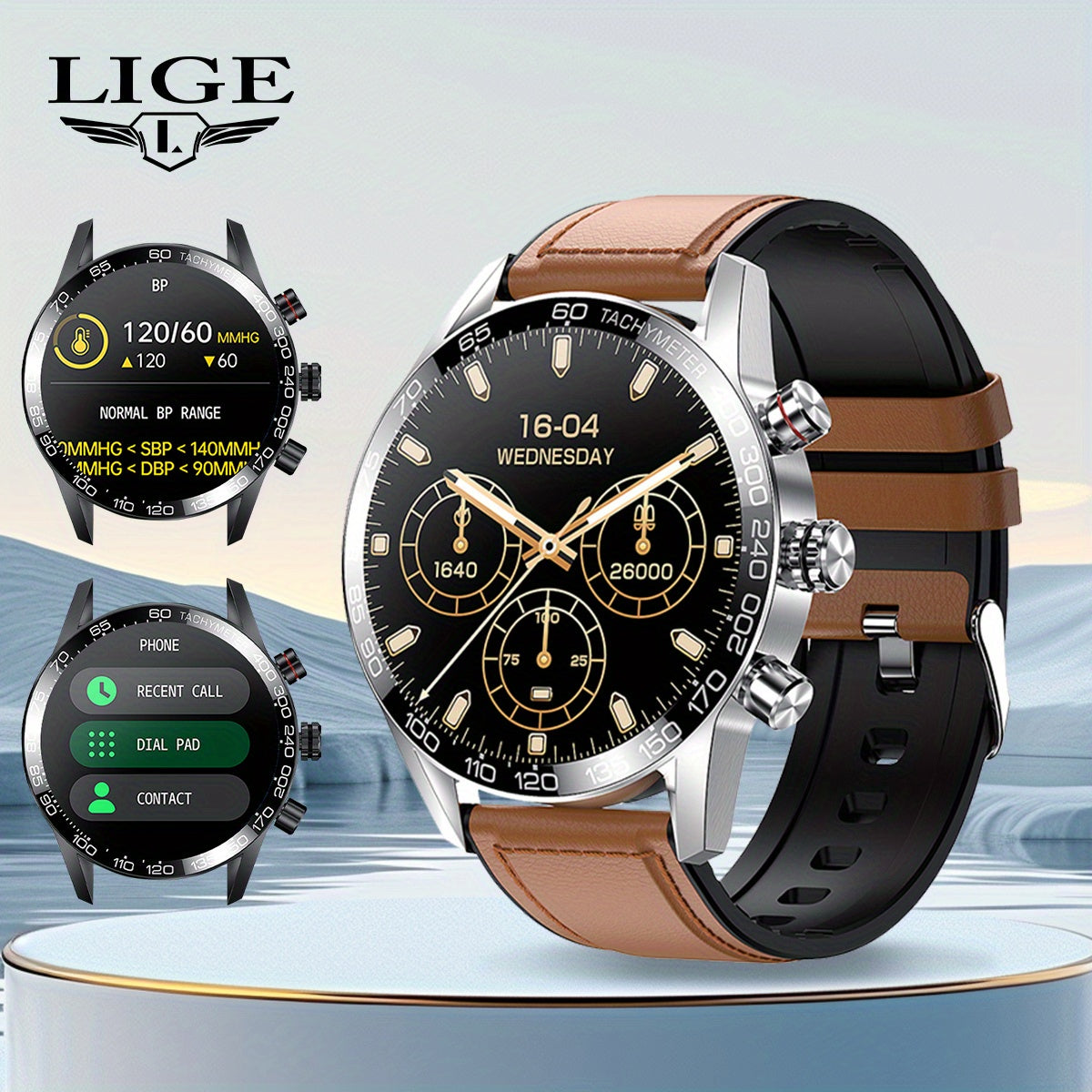 LIGE Men'S Business Smart Watch, Multi-Functional Sports Timing, Digital Display, USB Charging, Water-Resistant, Round Zinc Alloy Case, Calendar Feature, Wireless Call & Remote Control, Rechargeable Lithium Polymer Battery, F