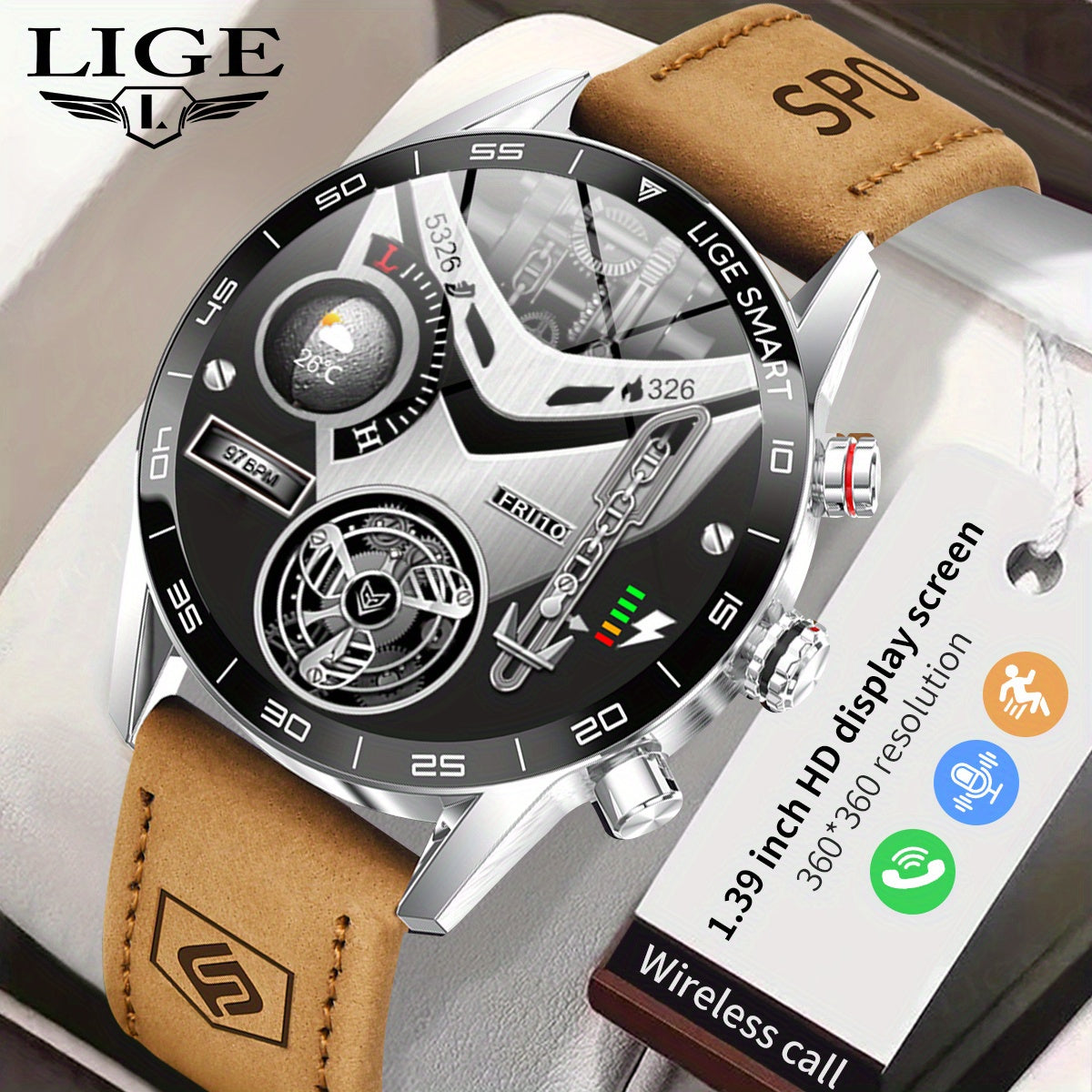 LIGE Men'S Business Smart Watch, Multi-Functional Sports Timing, Digital Display, USB Charging, Water-Resistant, Round Zinc Alloy Case, Calendar Feature, Wireless Call & Remote Control, Rechargeable Lithium Polymer Battery, F