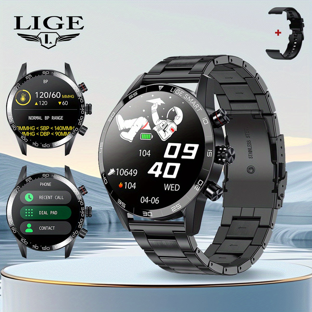 LIGE Men'S Business Smart Watch, Multi-Functional Sports Timing, Digital Display, USB Charging, Water-Resistant, Round Zinc Alloy Case, Calendar Feature, Wireless Call & Remote Control, Rechargeable Lithium Polymer Battery, F