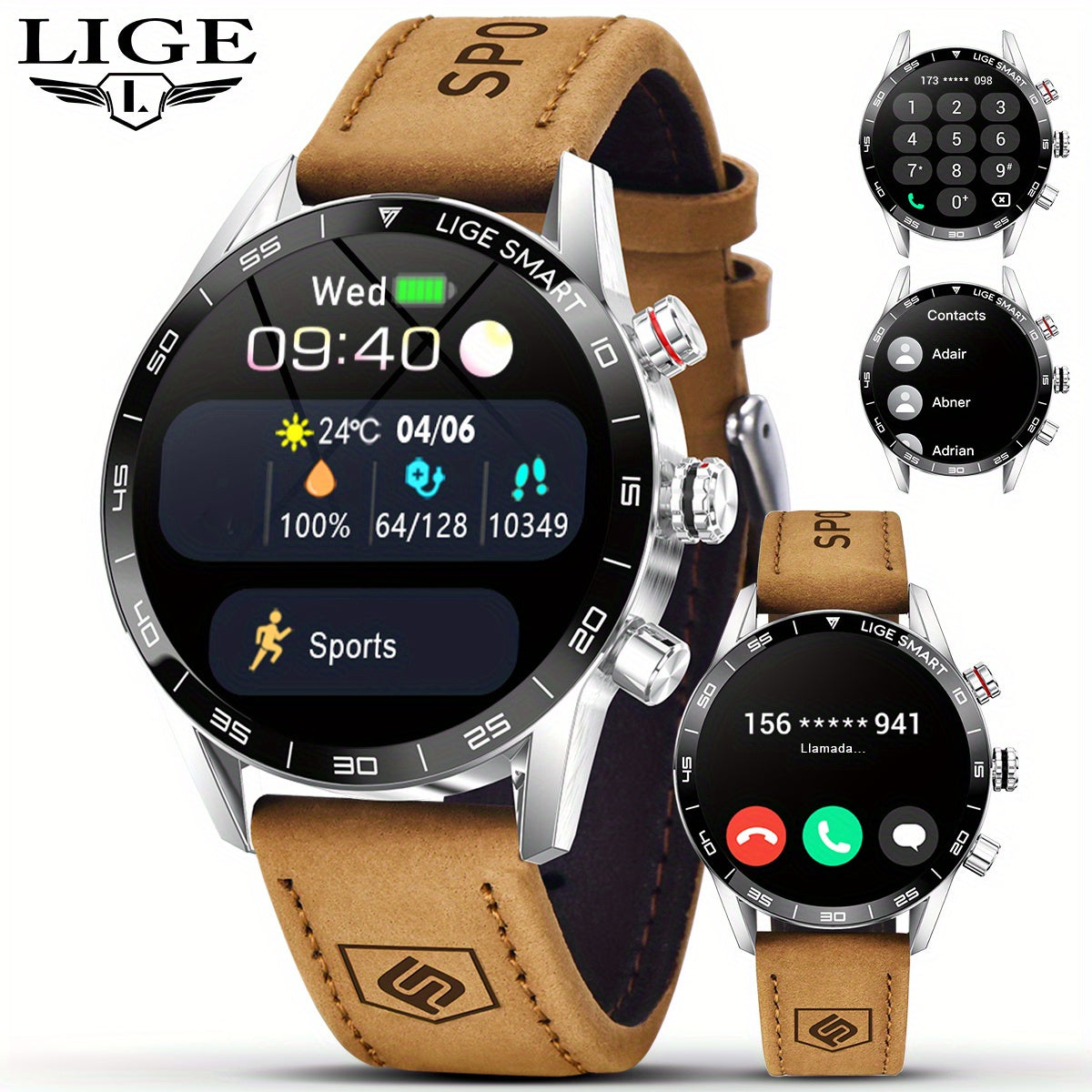 LIGE Men'S Business Smart Watch, Multi-Functional Sports Timing, Digital Display, USB Charging, Water-Resistant, Round Zinc Alloy Case, Calendar Feature, Wireless Call & Remote Control, Rechargeable Lithium Polymer Battery, F