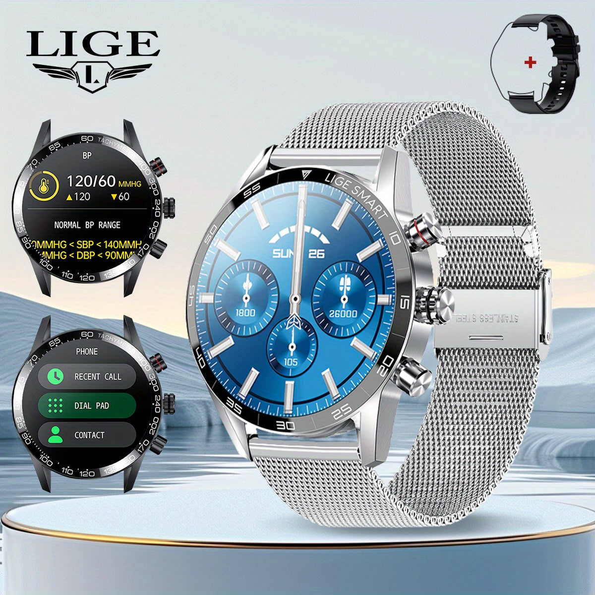 LIGE Men'S Business Smart Watch, Multi-Functional Sports Timing, Digital Display, USB Charging, Water-Resistant, Round Zinc Alloy Case, Calendar Feature, Wireless Call & Remote Control, Rechargeable Lithium Polymer Battery, F