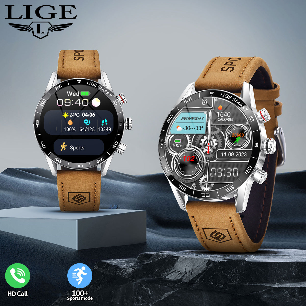 LIGE Men'S Business Smart Watch, Multi-Functional Sports Timing, Digital Display, USB Charging, Water-Resistant, Round Zinc Alloy Case, Calendar Feature, Wireless Call & Remote Control, Rechargeable Lithium Polymer Battery, F