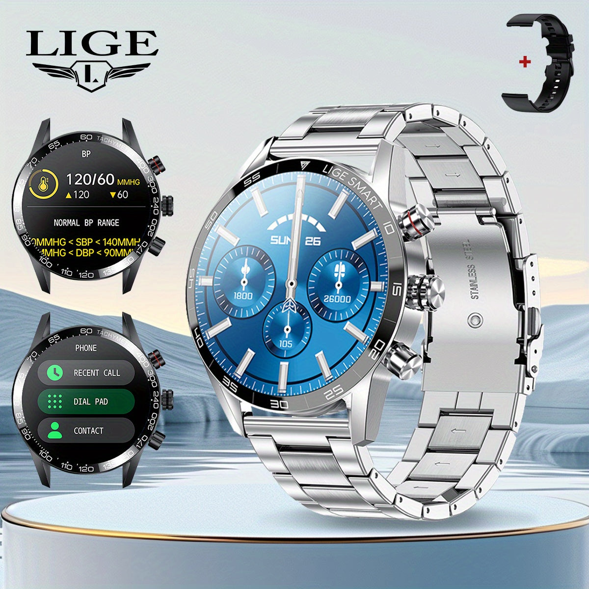 LIGE Men'S Business Smart Watch, Multi-Functional Sports Timing, Digital Display, USB Charging, Water-Resistant, Round Zinc Alloy Case, Calendar Feature, Wireless Call & Remote Control, Rechargeable Lithium Polymer Battery, F