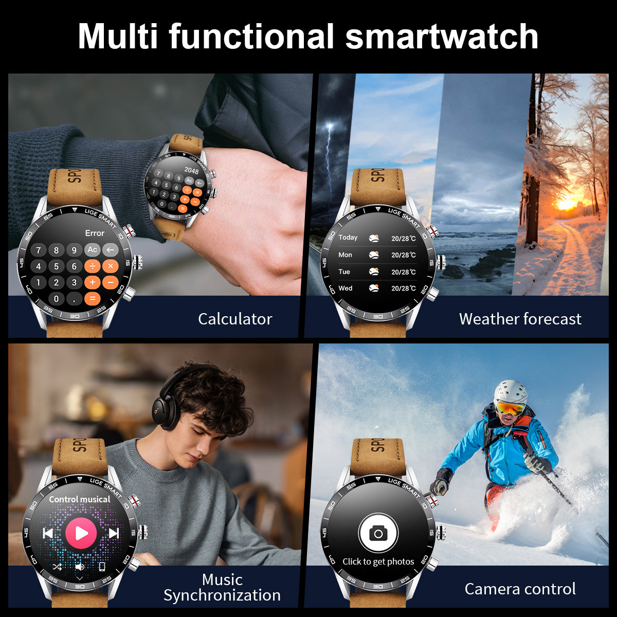 LIGE Men'S Business Smart Watch, Multi-Functional Sports Timing, Digital Display, USB Charging, Water-Resistant, Round Zinc Alloy Case, Calendar Feature, Wireless Call & Remote Control, Rechargeable Lithium Polymer Battery, F