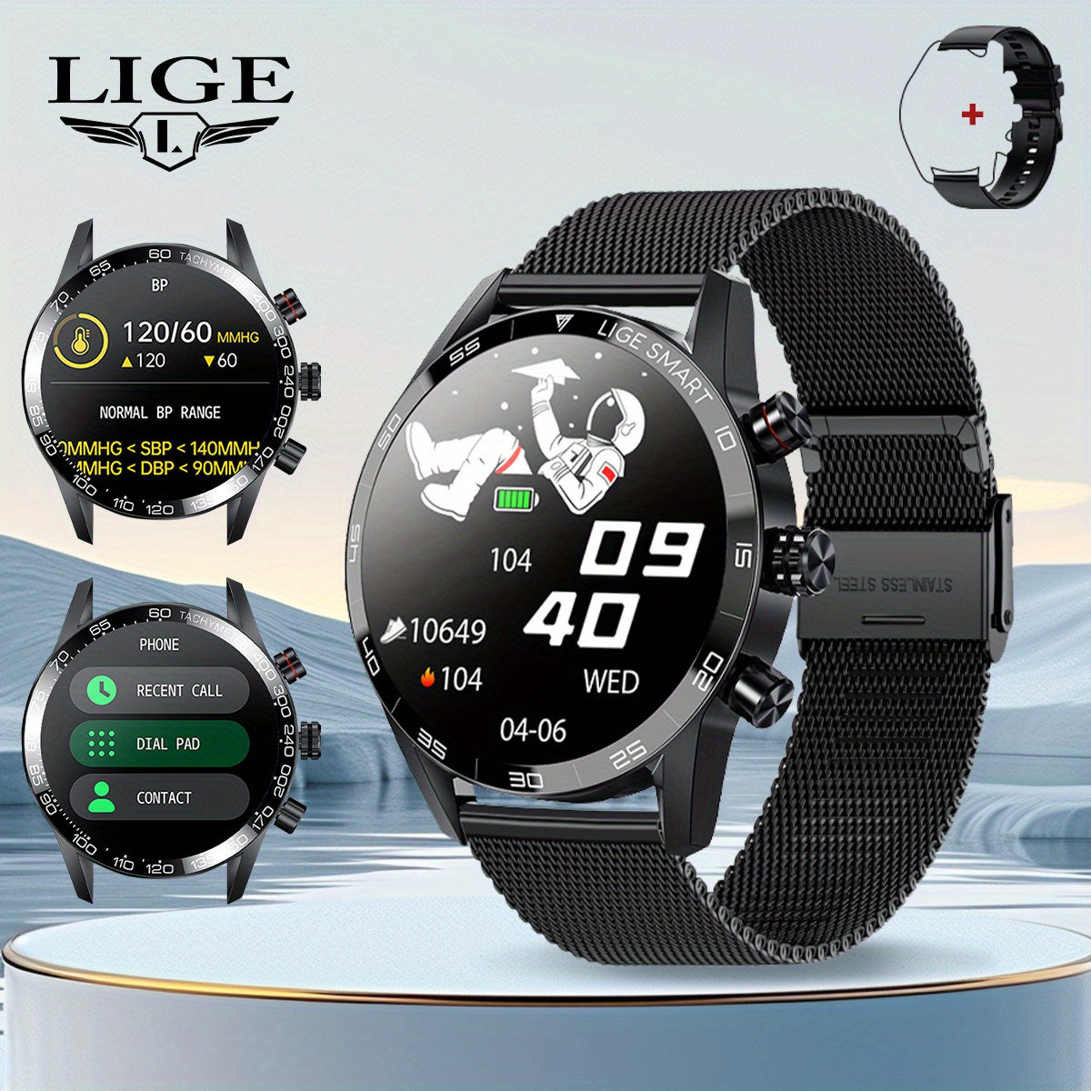 LIGE Men'S Business Smart Watch, Multi-Functional Sports Timing, Digital Display, USB Charging, Water-Resistant, Round Zinc Alloy Case, Calendar Feature, Wireless Call & Remote Control, Rechargeable Lithium Polymer Battery, F