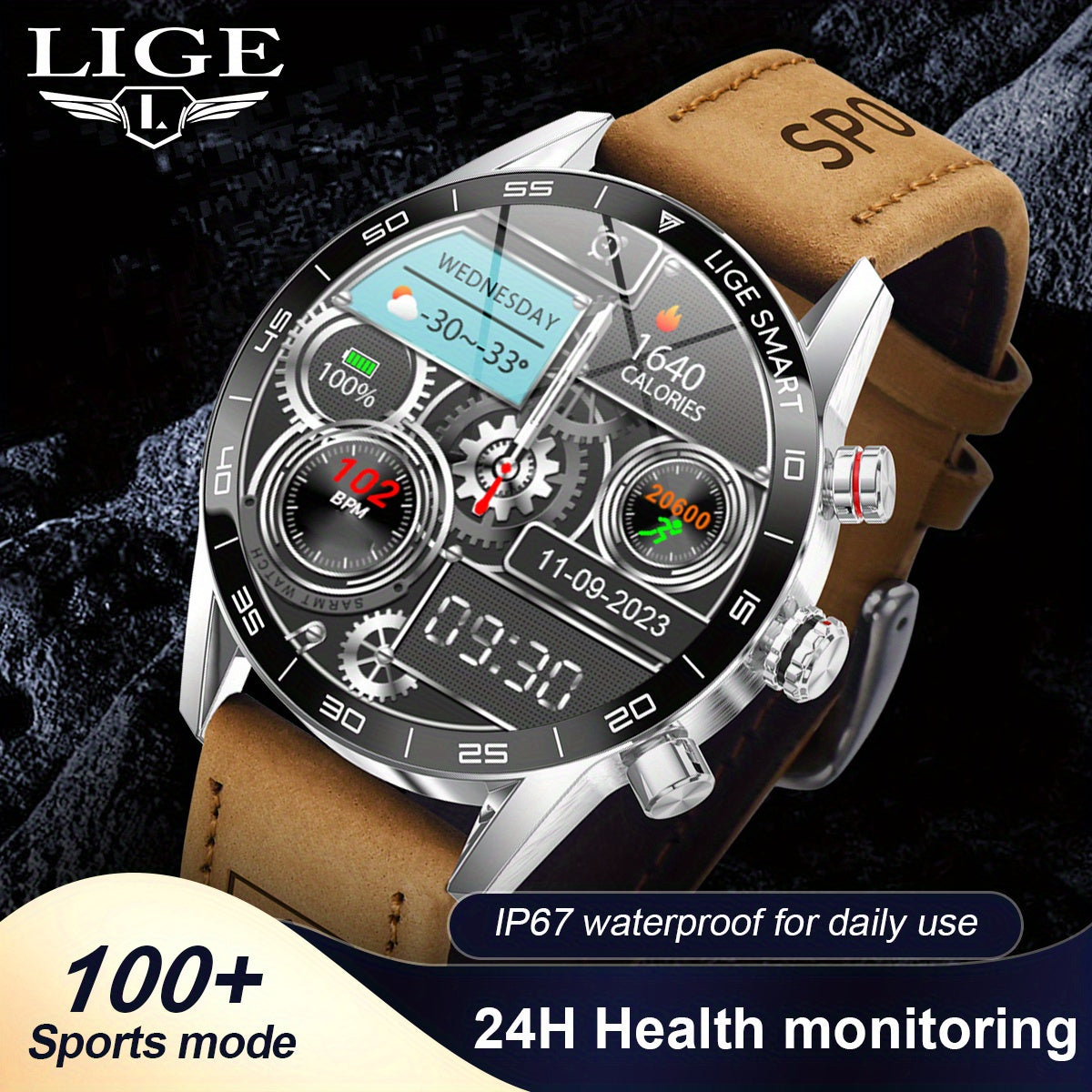 LIGE Men'S Business Smart Watch, Multi-Functional Sports Timing, Digital Display, USB Charging, Water-Resistant, Round Zinc Alloy Case, Calendar Feature, Wireless Call & Remote Control, Rechargeable Lithium Polymer Battery, F