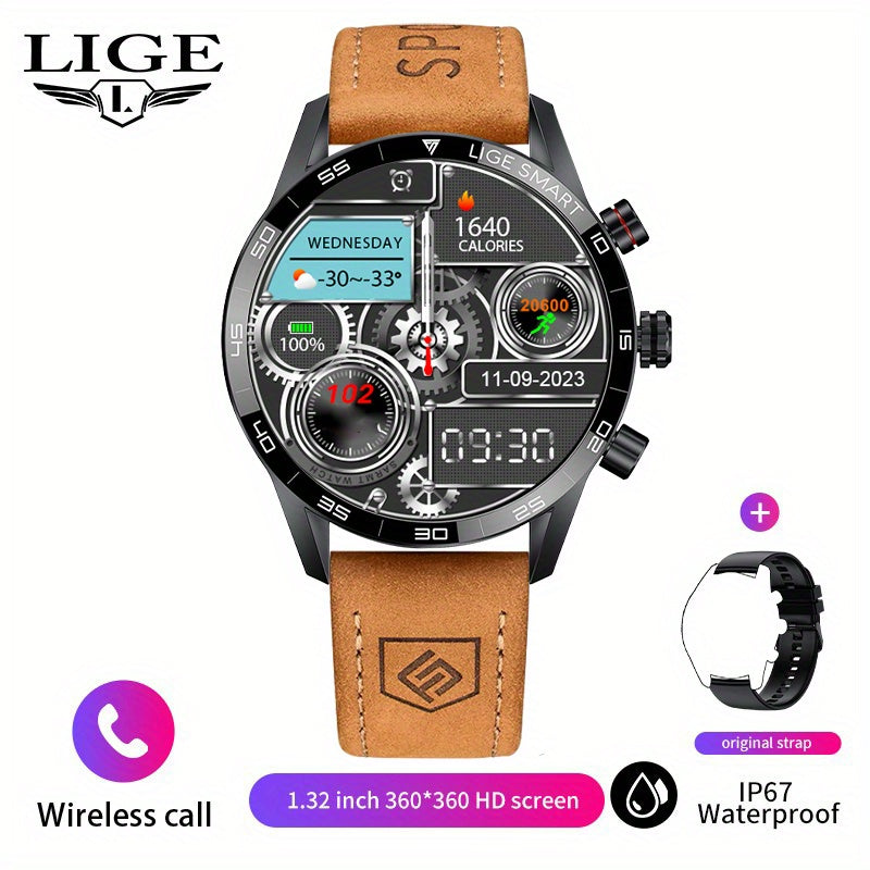 LIGE Men'S Business Smart Watch, Multi-Functional Sports Timing, Digital Display, USB Charging, Water-Resistant, Round Zinc Alloy Case, Calendar Feature, Wireless Call & Remote Control, Rechargeable Lithium Polymer Battery, F