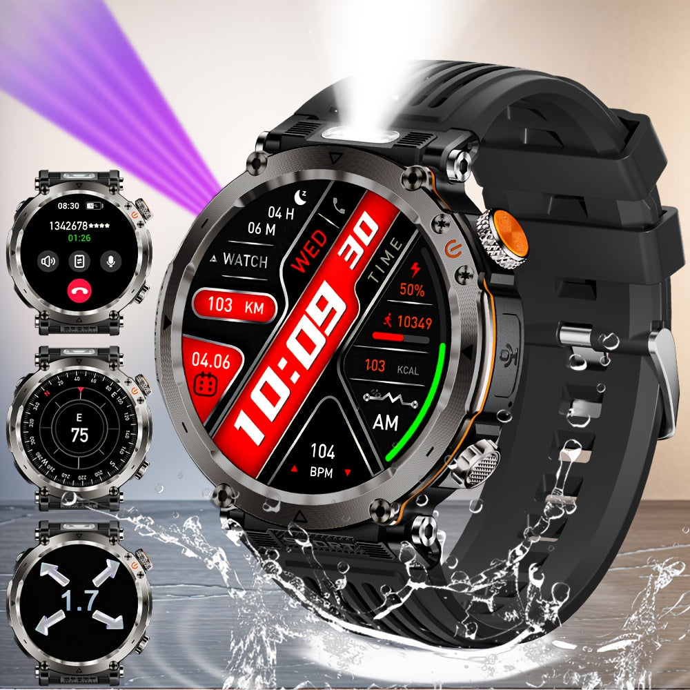 1.7-Inch Outdoor Sports Smartwatch, Suitable for Men, Supports Wireless 5.0,, 360p IPS Display, Alloy Body, Silicone Strap, 600mAh Rechargeable Battery, 100+ Sports Modes, Compass, Call Function, USB Charging, Super Flashligh