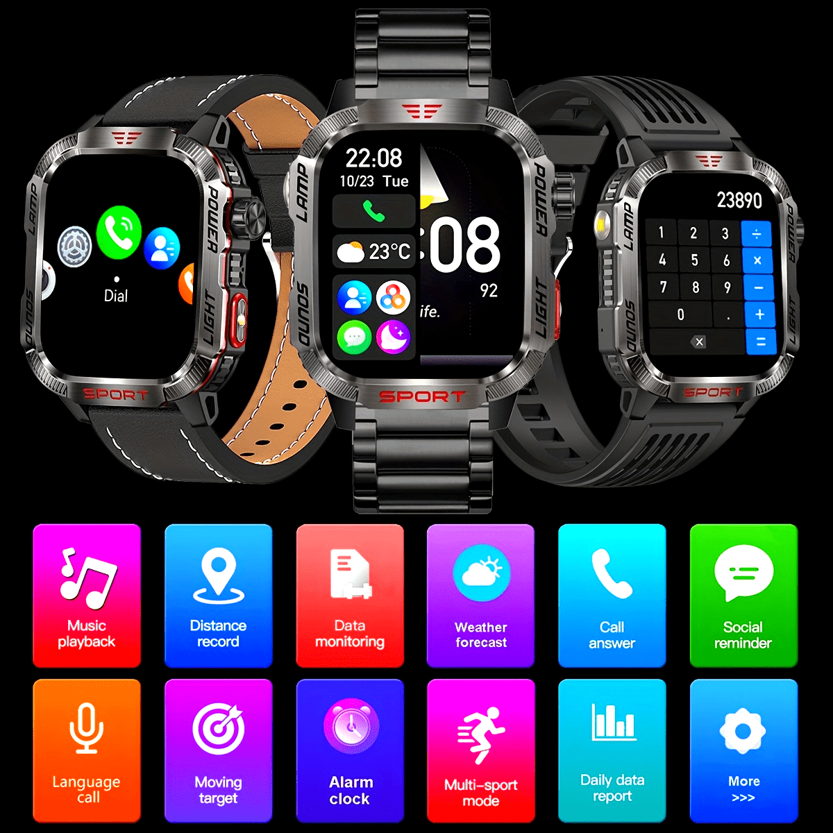 Rugged Outdoor Smartwatch (Receive/Make Call), For iPhone & Android Wireless Call Smartwatch, With LED Flashlight, Fitness, Waterproof/sleep 600 Battery