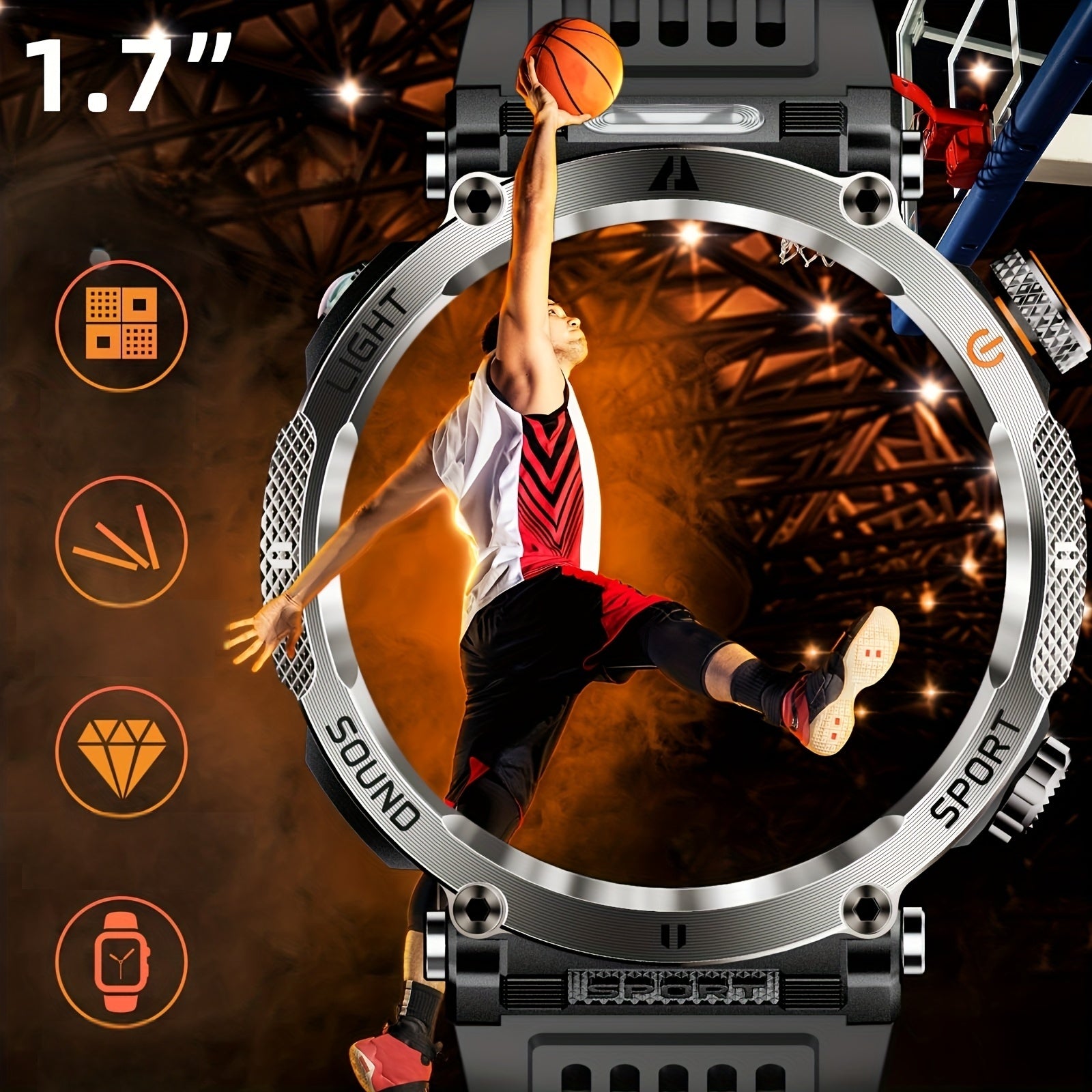 1.7-Inch Outdoor Sports Smartwatch, Suitable for Men, Supports Wireless 5.0,, 360p IPS Display, Alloy Body, Silicone Strap, 600mAh Rechargeable Battery, 100+ Sports Modes, Compass, Call Function, USB Charging, Super Flashligh