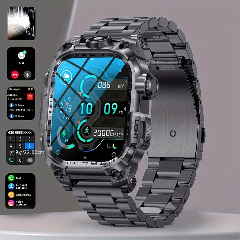 2.01-Inch Large Screen Men'S Outdoor Sports Smartwatch, 600 Mah Large Battery, 100+ Sports Mode, 100+ Dial to Switch, with Flashlight,, Fitness, Wireless Call, Voice Assistant And Notification, Suitable for Android/Iphone, Ch