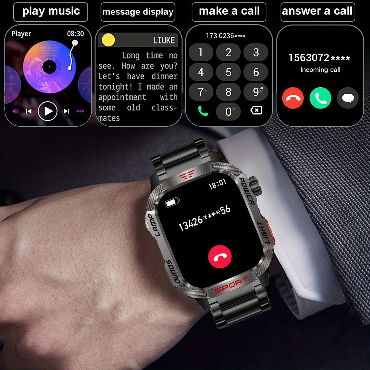 Rugged Outdoor Smartwatch (Receive/Make Call), For iPhone & Android Wireless Call Smartwatch, With LED Flashlight, Fitness, Waterproof/sleep 600 Battery