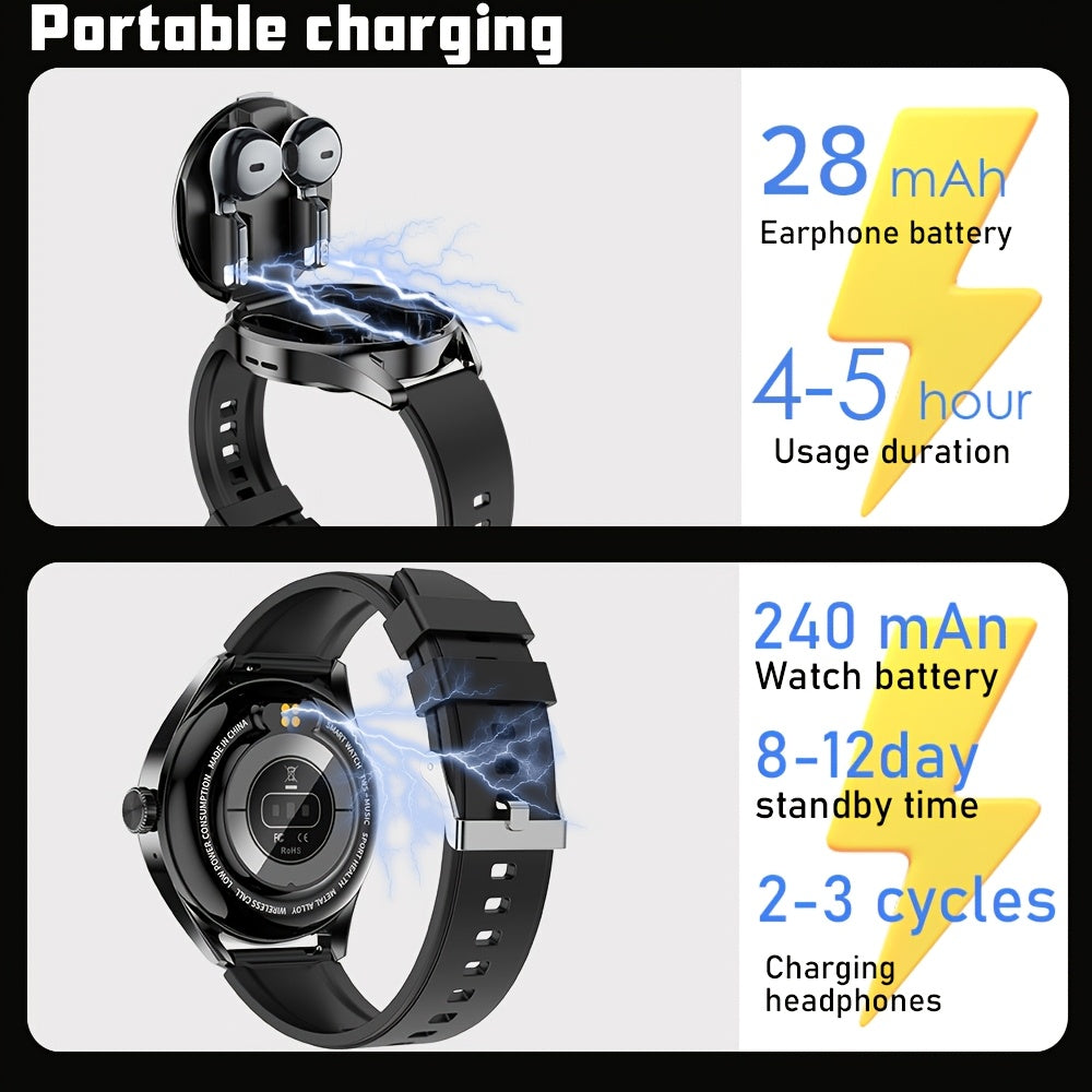 New smart watch with built-in earphones, 1.46-inch high-definition screen, 360*360 resolution, zinc alloy dial, steel strap + silicone band, supports wireless calls/information reminders, suitable for business/casual/sports/m