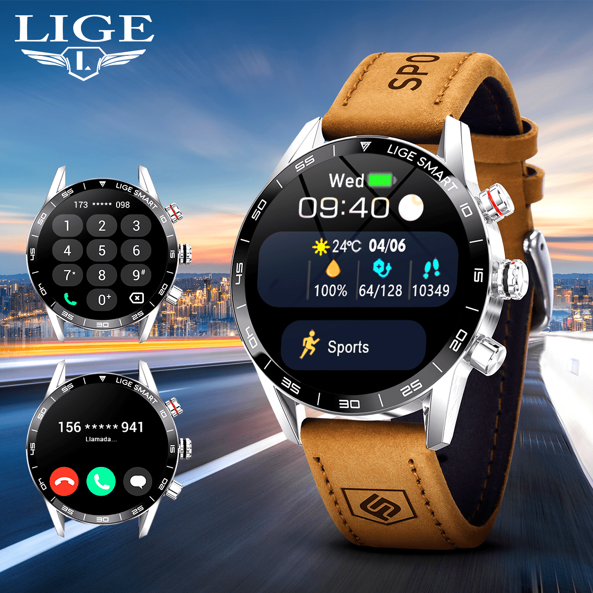 LIGE Men'S Business Smart Watch, Multi-Functional Sports Timing, Digital Display, USB Charging, Water-Resistant, Round Zinc Alloy Case, Calendar Feature, Wireless Call & Remote Control, Rechargeable Lithium Polymer Battery, F