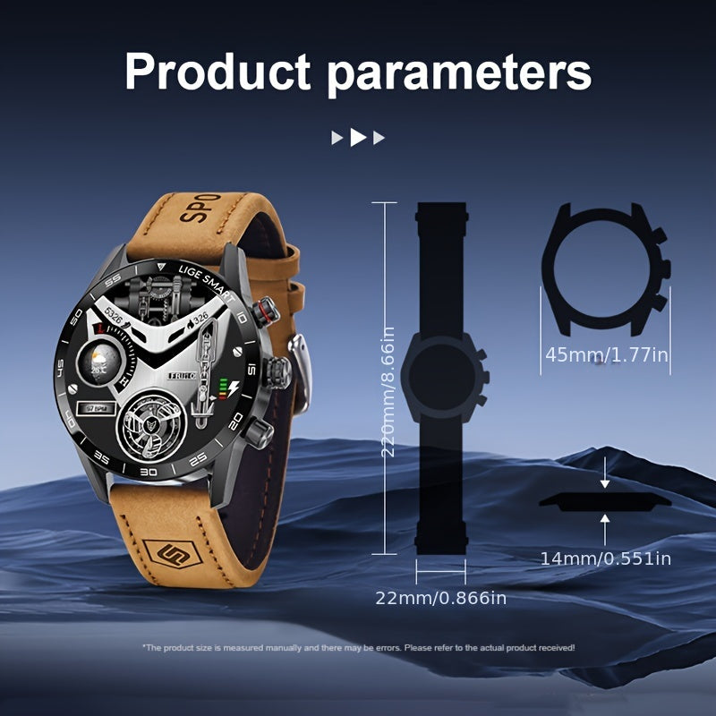 LIGE Men'S Business Smart Watch, Multi-Functional Sports Timing, Digital Display, USB Charging, Water-Resistant, Round Zinc Alloy Case, Calendar Feature, Wireless Call & Remote Control, Rechargeable Lithium Polymer Battery, F