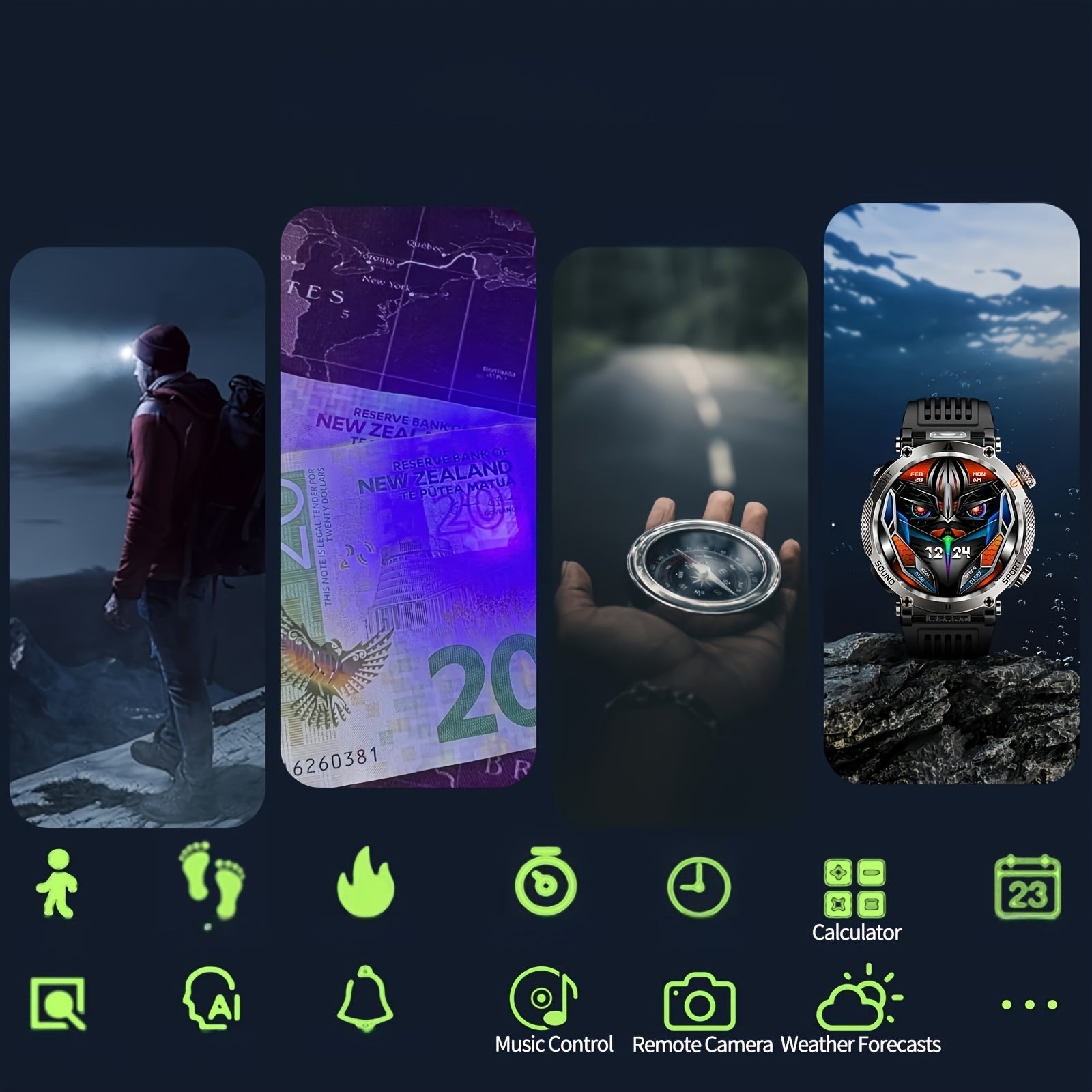 1.7-Inch Outdoor Sports Smartwatch, Suitable for Men, Supports Wireless 5.0,, 360p IPS Display, Alloy Body, Silicone Strap, 600mAh Rechargeable Battery, 100+ Sports Modes, Compass, Call Function, USB Charging, Super Flashligh