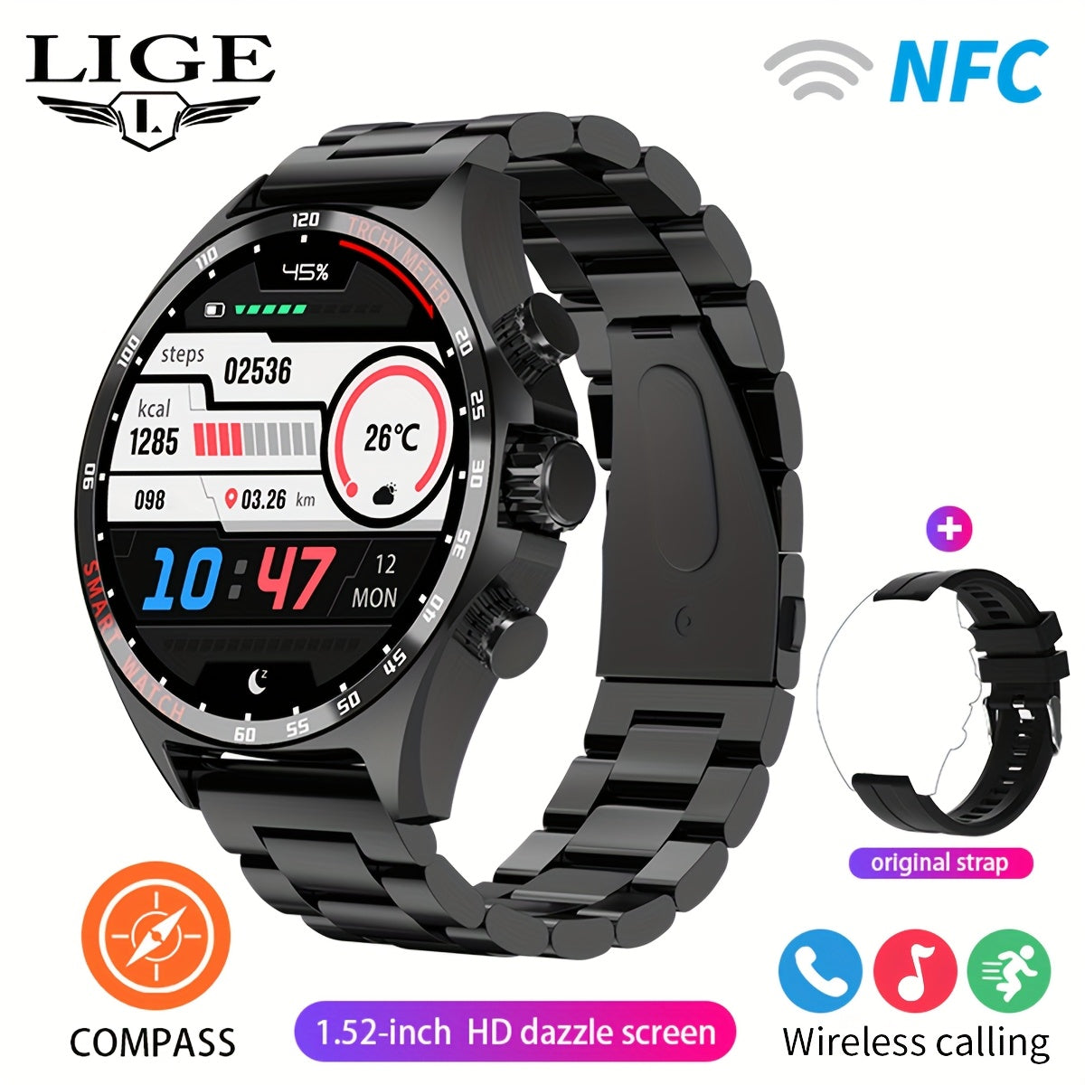 LIGE New Smart Watch Men's Smart Watch 100+ Sports Mode Smart Watch NFC Smart Bracelet Calorie Step Tracking Smart Watch Men's Smart Watch