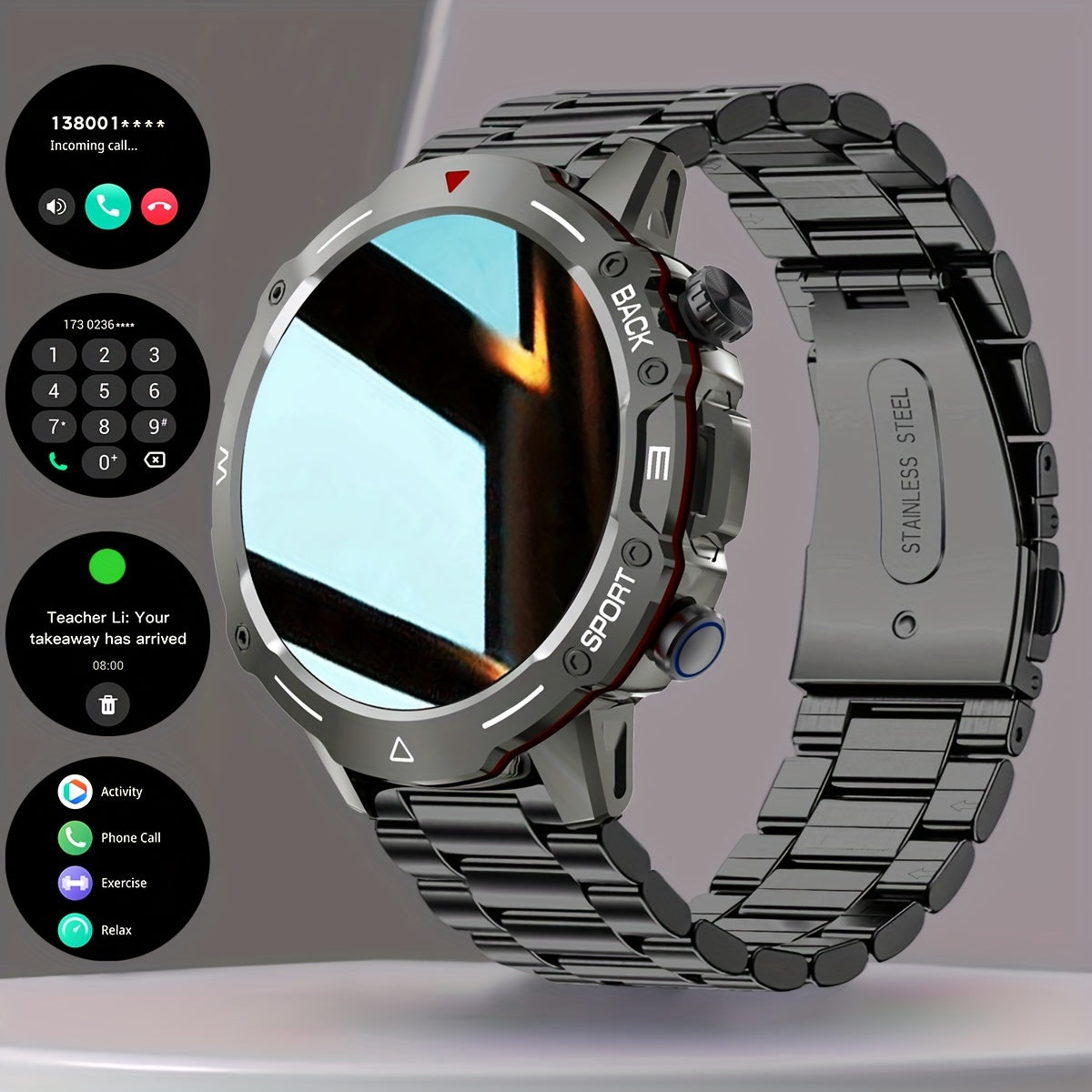 Stylish Men's Smartwatch with Voice Call, Multiple Sports Modes, Pedometer & Fitness Tracker - for iPhone & for Android, Stainless Steel Band