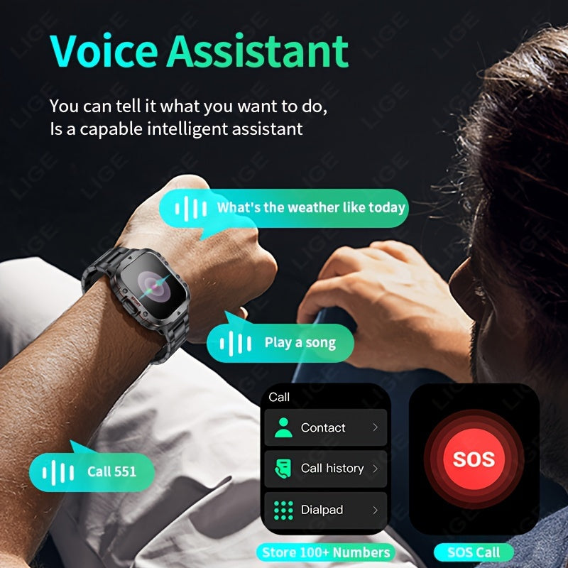 1pc LIGE Men'S Smart Watch with Voice Assistant, Digital Square Dial, Water Resistant, Sports Strap, 100+ Exercise Modes, Rechargeable Battery, Weather & Flashlight Features, Alarm Clock, Calculator, Zinc Alloy Case, USB/Batt