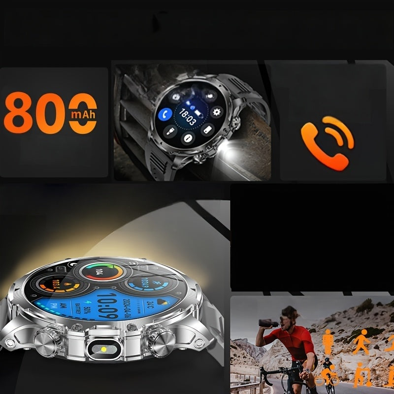 Paearofero Men's Sports Smart Watch with Wireless Calling, 800mAh Battery, 4.7cm HD Full Touch Screen, 100+ Sports Modes, Flashlight, Pedometer, Date Feature, Alloy Case, Stainless Steel Silica Band, Electronic Drive, Smart M