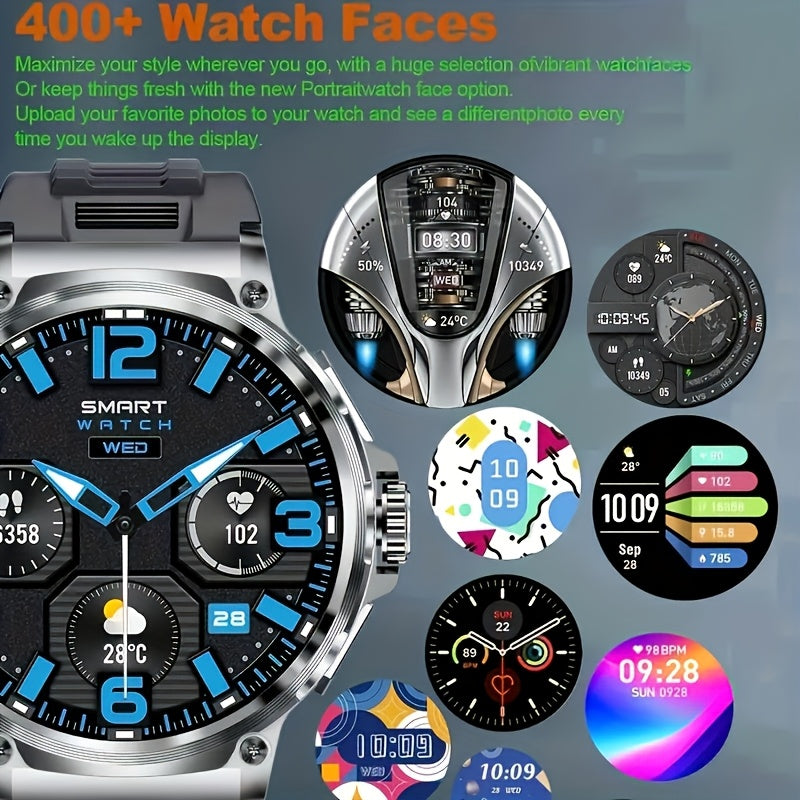 BOALZETD Men'S Ultra-High Definition Smart Watch, 4.7cm HD Display, Battery, IP68, GPS Tracking, Wireless Call & Message Alerts, 100+ Sports Modes, Stainless Steel Band, Rechargeable Lithium Battery, with Remind, Interchangea