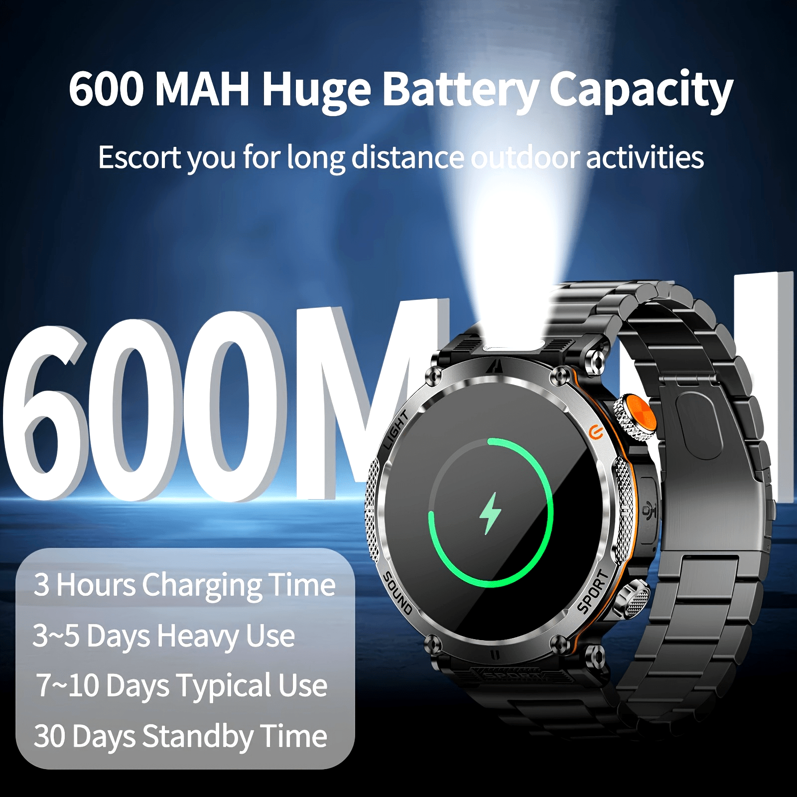 1.7-Inch Outdoor Sports Smartwatch, Suitable for Men, Supports Wireless 5.0,, 360p IPS Display, Alloy Body, Silicone Strap, 600mAh Rechargeable Battery, 100+ Sports Modes, Compass, Call Function, USB Charging, Super Flashligh