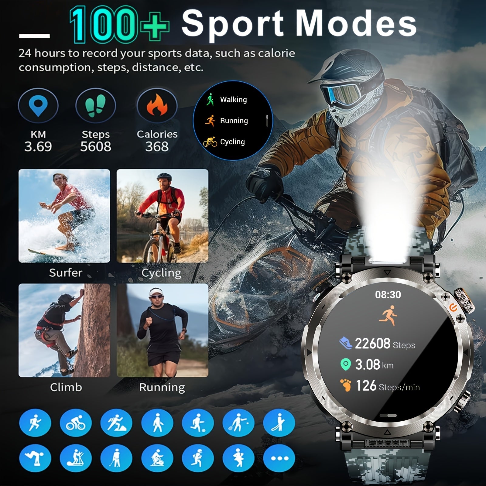 1.7-Inch Outdoor Sports Smartwatch, Suitable for Men, Supports Wireless 5.0,, 360p IPS Display, Alloy Body, Silicone Strap, 600mAh Rechargeable Battery, 100+ Sports Modes, Compass, Call Function, USB Charging, Super Flashligh