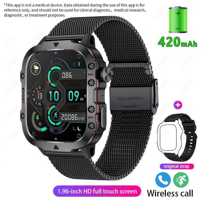 1pc LIGE Men'S Smart Watch with Voice Assistant, Digital Square Dial, Water Resistant, Sports Strap, 100+ Exercise Modes, Rechargeable Battery, Weather & Flashlight Features, Alarm Clock, Calculator, Zinc Alloy Case, USB/Batt
