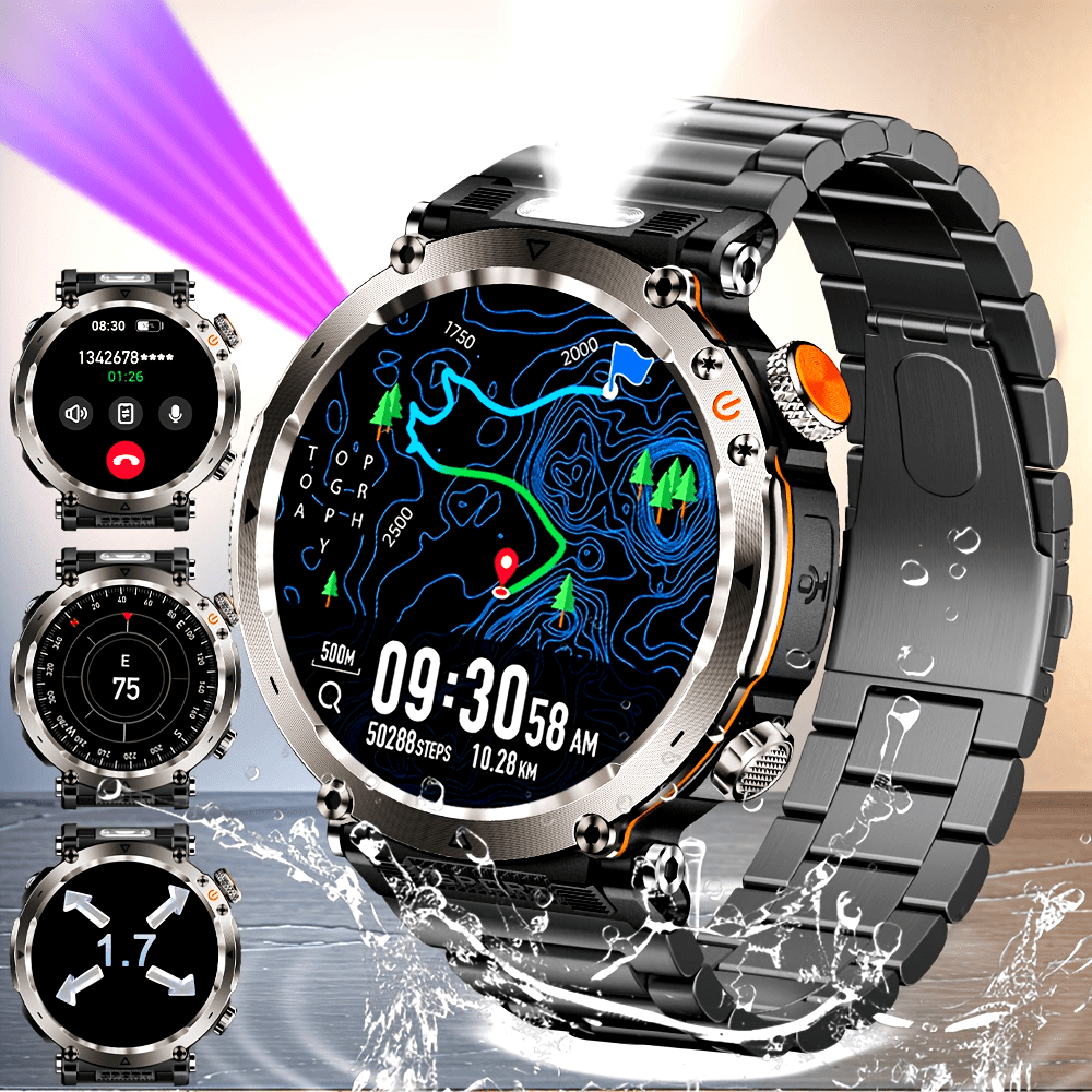 1.7-Inch Outdoor Sports Smartwatch, Suitable for Men, Supports Wireless 5.0,, 360p IPS Display, Alloy Body, Silicone Strap, 600mAh Rechargeable Battery, 100+ Sports Modes, Compass, Call Function, USB Charging, Super Flashligh