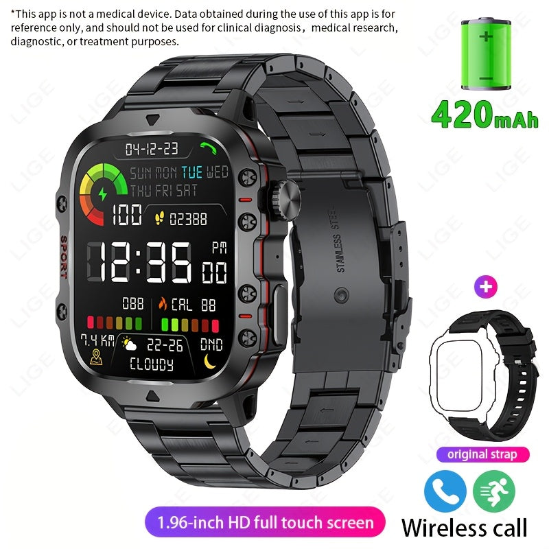 1pc LIGE Men'S Smart Watch with Voice Assistant, Digital Square Dial, Water Resistant, Sports Strap, 100+ Exercise Modes, Rechargeable Battery, Weather & Flashlight Features, Alarm Clock, Calculator, Zinc Alloy Case, USB/Batt