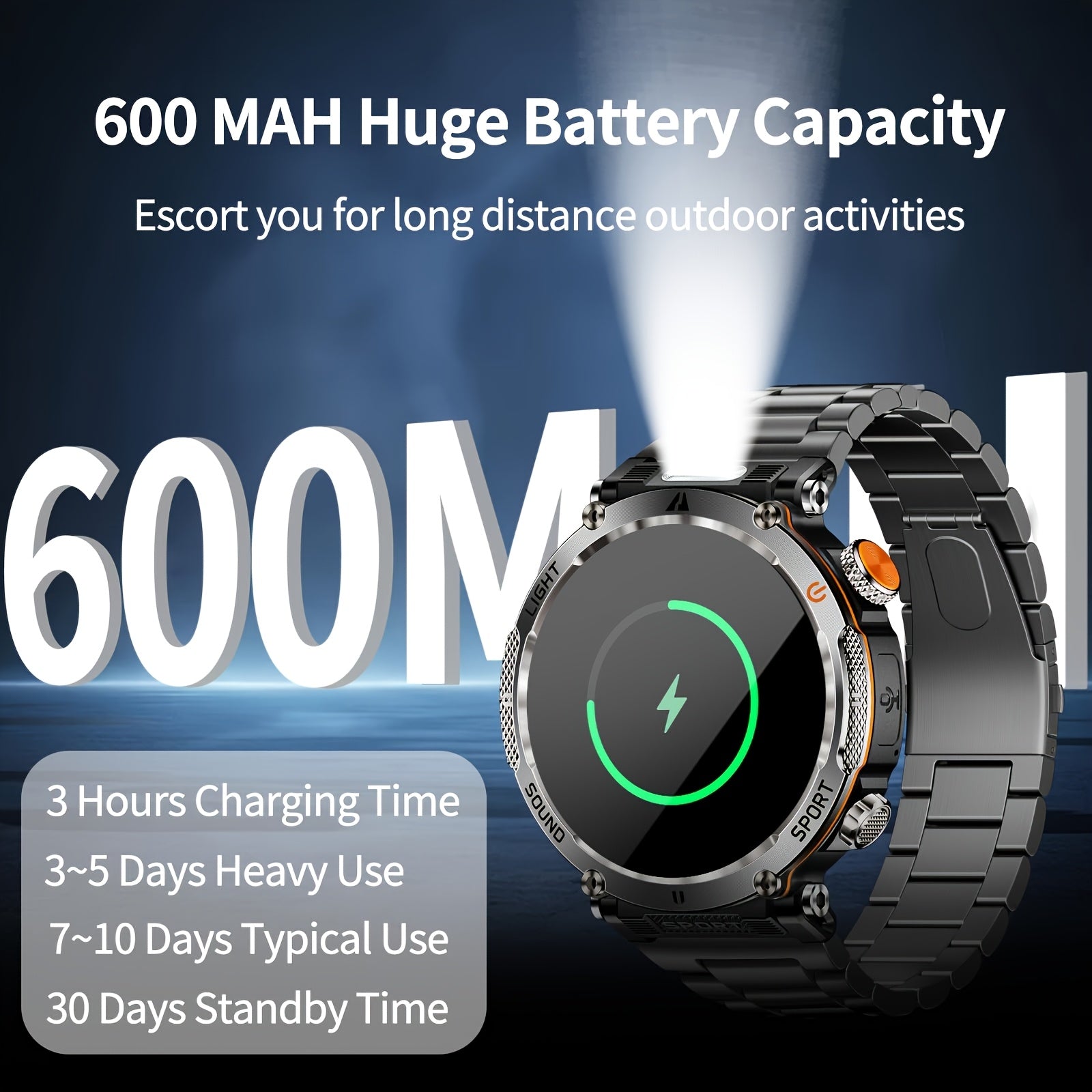 1.7-Inch Outdoor Sports Smartwatch, Suitable for Men, Supports Wireless 5.0,, 360p IPS Display, Alloy Body, Silicone Strap, 600mAh Rechargeable Battery, 100+ Sports Modes, Compass, Call Function, USB Charging, Super Flashligh