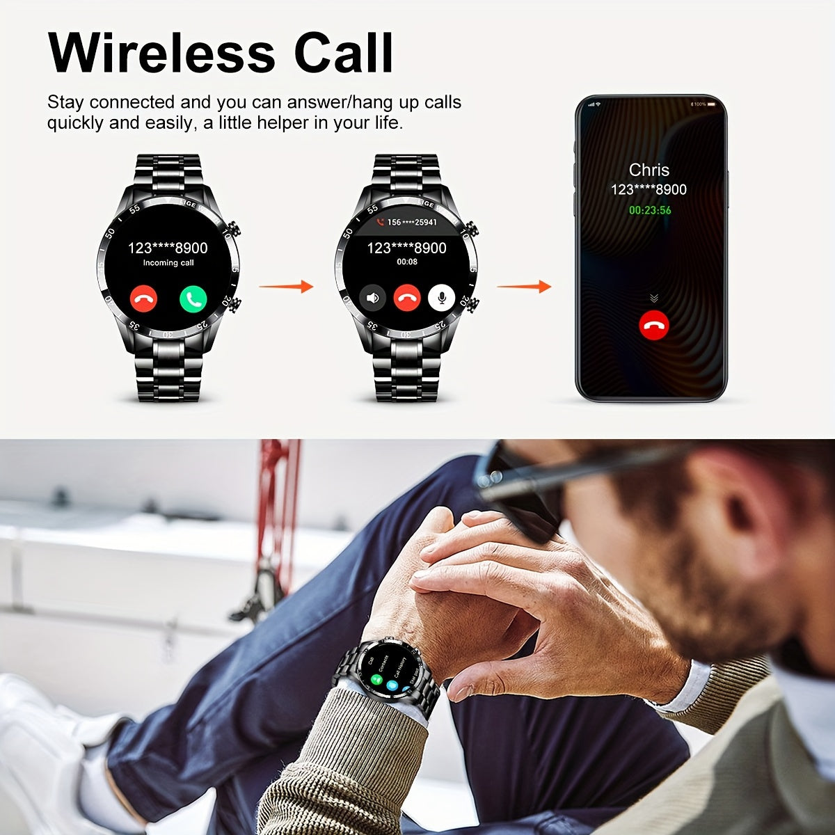 LIGE Smart Watch - Full Touch Screen, Wireless, Music & Camera Control, Sleep Monitoring, Step Counter, Countdown Timer - Stainless Steel Band, USB Rechargeable, 290mAh Battery - Sleek Black Design for Fitness & Sports, Smart