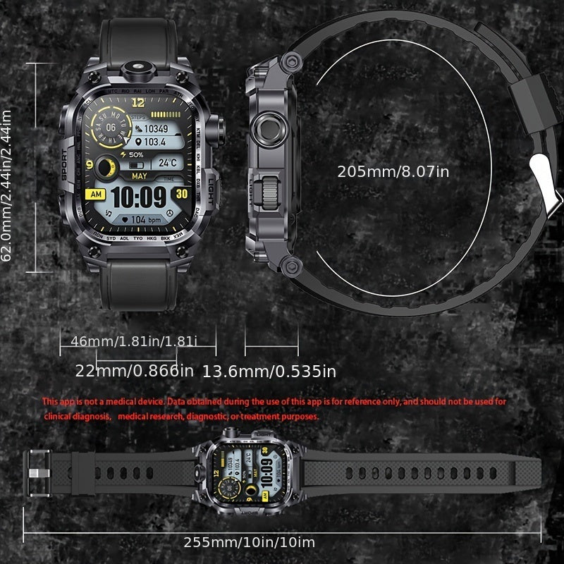 2.01-Inch Large Screen Men'S Outdoor Sports Smartwatch, 600 Mah Large Battery, 100+ Sports Mode, 100+ Dial to Switch, with Flashlight,, Fitness, Wireless Call, Voice Assistant And Notification, Suitable for Android/Iphone, Ch