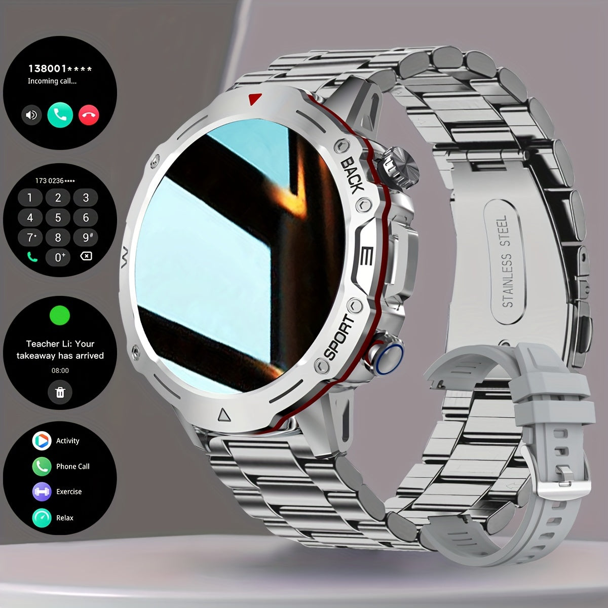 Stylish Men's Smartwatch with Voice Call, Multiple Sports Modes, Pedometer & Fitness Tracker - for iPhone & for Android, Stainless Steel Band