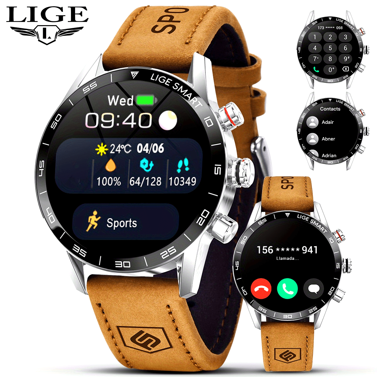 LIGE Men'S Business Smart Watch, Multi-Functional Sports Timing, Digital Display, USB Charging, Water-Resistant, Round Zinc Alloy Case, Calendar Feature, Wireless Call & Remote Control, Rechargeable Lithium Polymer Battery, F