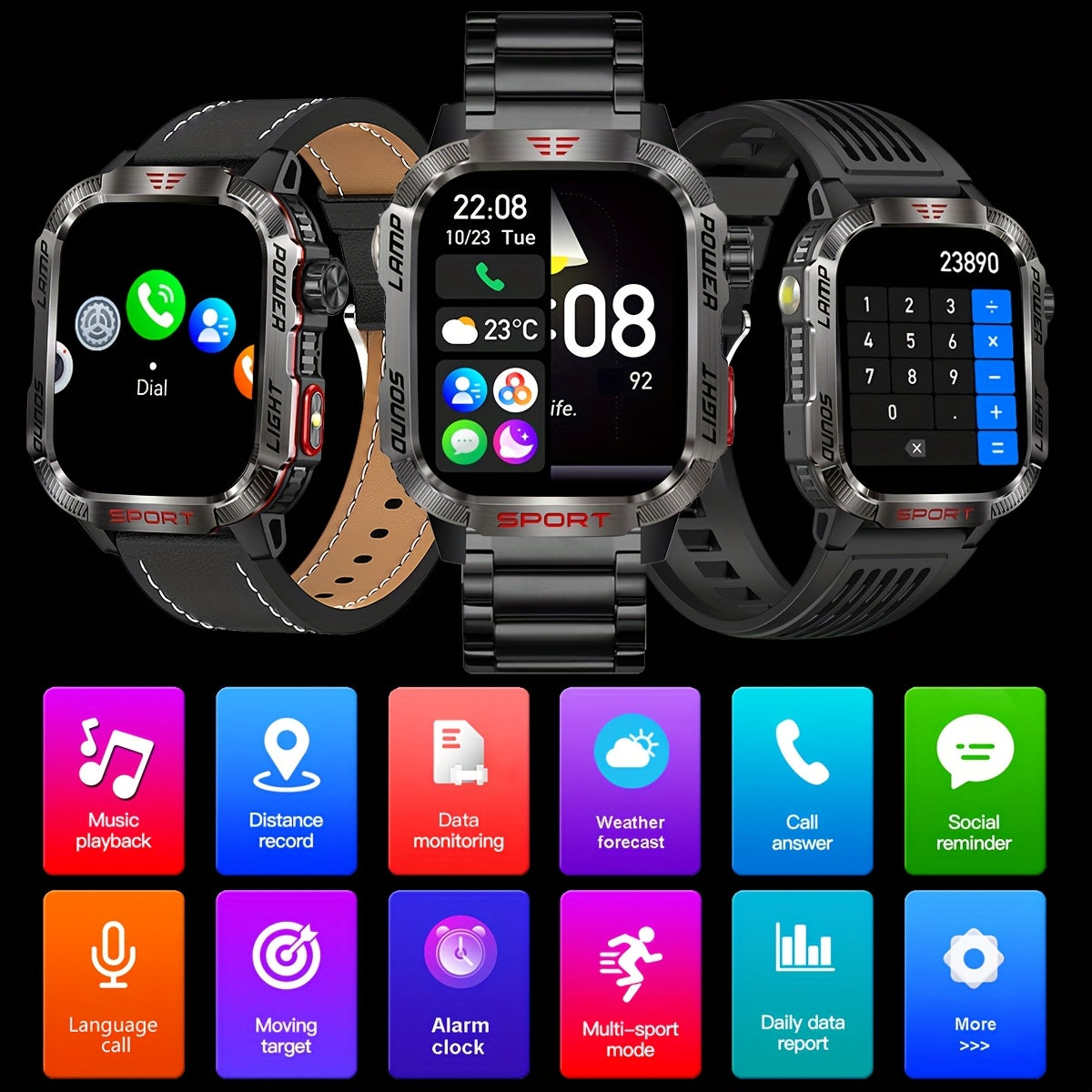 Rugged Outdoor Smartwatch (Receive/Make Call), For iPhone & Android Wireless Call Smartwatch, With LED Flashlight, Fitness, Waterproof/sleep 600 Battery