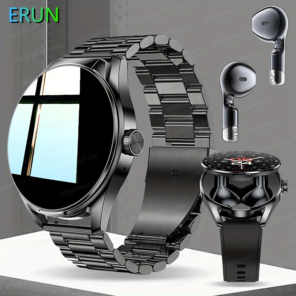 New smart watch with built-in earphones, 1.46-inch high-definition screen, 360*360 resolution, zinc alloy dial, steel strap + silicone band, supports wireless calls/information reminders, suitable for business/casual/sports/m