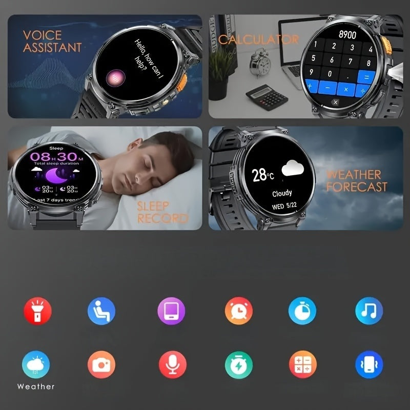 Men's Smartwatch with 4.7cm HD Display - Wireless Calling, Music, Weather Updates & LED Flashlight | 730mAh Battery | Sports Tracker | for iPhone & for Android | Ideal Gift