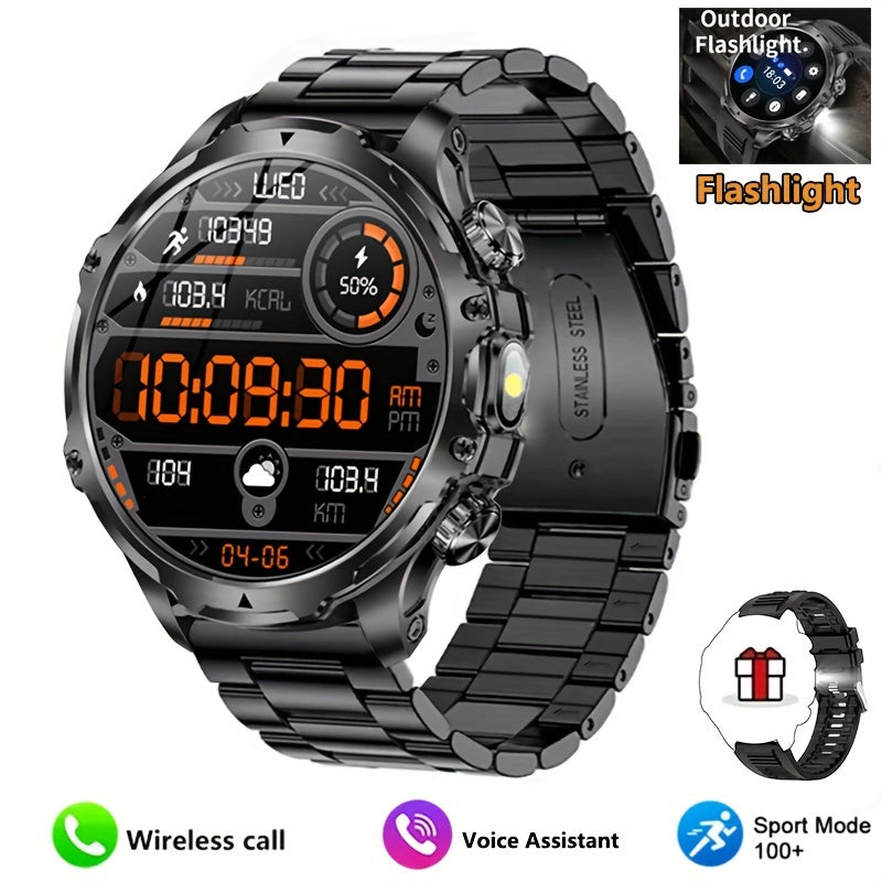 Paearofero Men's Sports Smart Watch with Wireless Calling, 800mAh Battery, 4.7cm HD Full Touch Screen, 100+ Sports Modes, Flashlight, Pedometer, Date Feature, Alloy Case, Stainless Steel Silica Band, Electronic Drive, Smart M