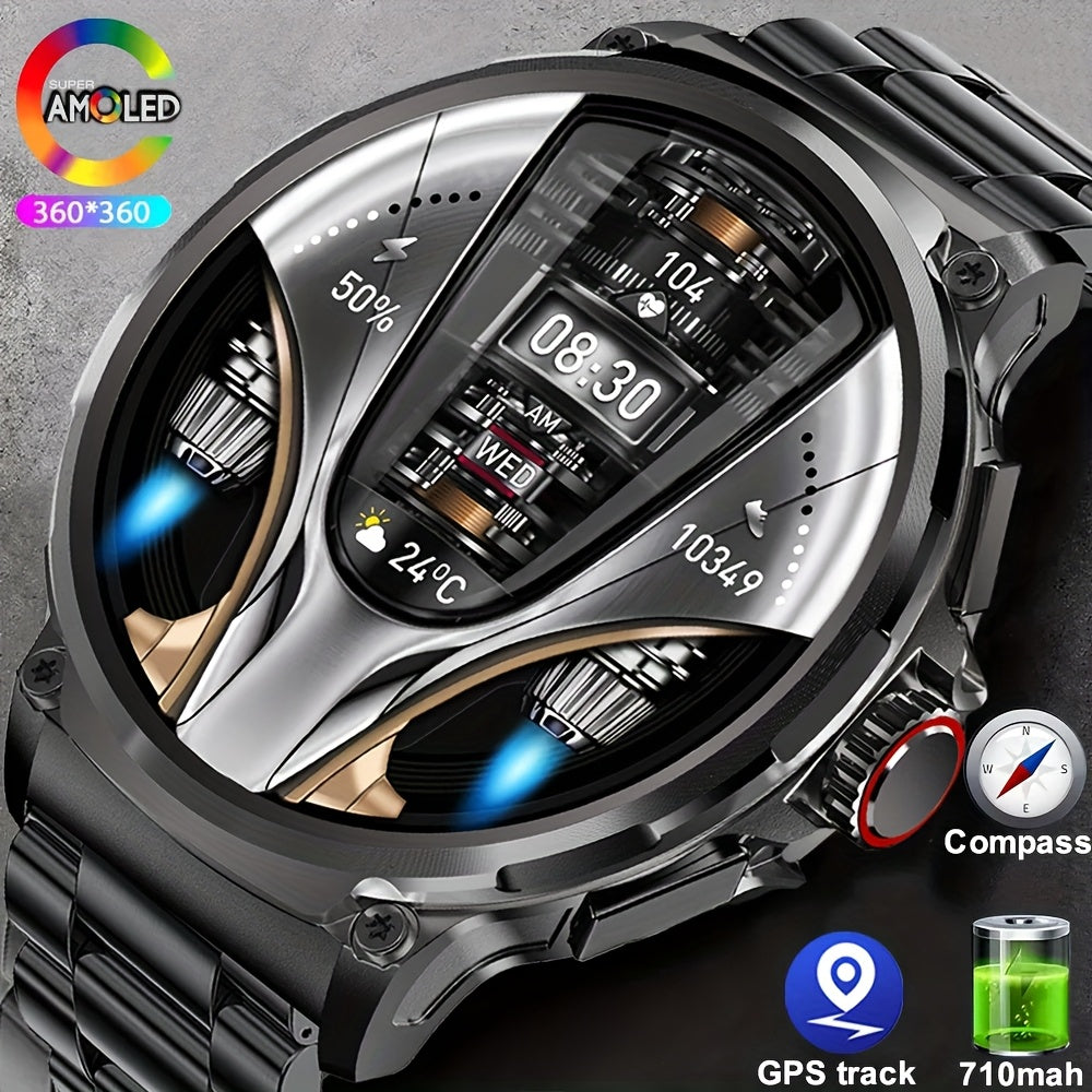BOALZETD Men'S Ultra-High Definition Smart Watch, 4.7cm HD Display, Battery, IP68, GPS Tracking, Wireless Call & Message Alerts, 100+ Sports Modes, Stainless Steel Band, Rechargeable Lithium Battery, with Remind, Interchangea