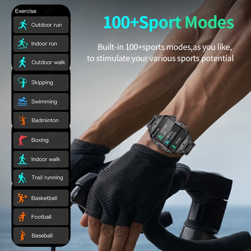 1pc LIGE Men'S Smart Watch with Voice Assistant, Digital Square Dial, Water Resistant, Sports Strap, 100+ Exercise Modes, Rechargeable Battery, Weather & Flashlight Features, Alarm Clock, Calculator, Zinc Alloy Case, USB/Batt