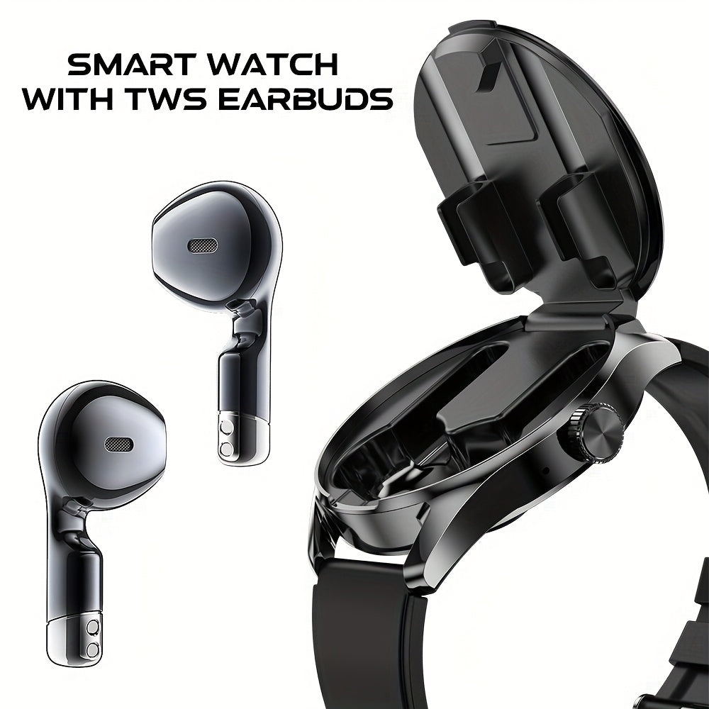 New smart watch with built-in earphones, 1.46-inch high-definition screen, 360*360 resolution, zinc alloy dial, steel strap + silicone band, supports wireless calls/information reminders, suitable for business/casual/sports/m