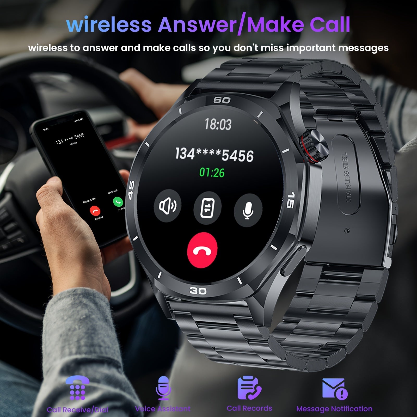 Smart Watch for Men - 1.52-Inch HD Touch Round Smart Watch - 123 Sports Mode Smart Bracelet - Sports Tracker Monitor - Wireless Call And Response - for Iphone/Androi