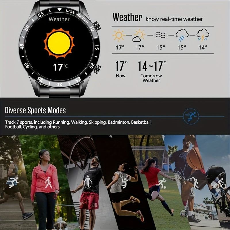 LIGE Smart Watch - Full Touch Screen, Wireless, Music & Camera Control, Sleep Monitoring, Step Counter, Countdown Timer - Stainless Steel Band, USB Rechargeable, 290mAh Battery - Sleek Black Design for Fitness & Sports, Smart