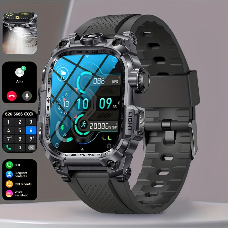 2.01-Inch Large Screen Men'S Outdoor Sports Smartwatch, 600 Mah Large Battery, 100+ Sports Mode, 100+ Dial to Switch, with Flashlight,, Fitness, Wireless Call, Voice Assistant And Notification, Suitable for Android/Iphone, Ch