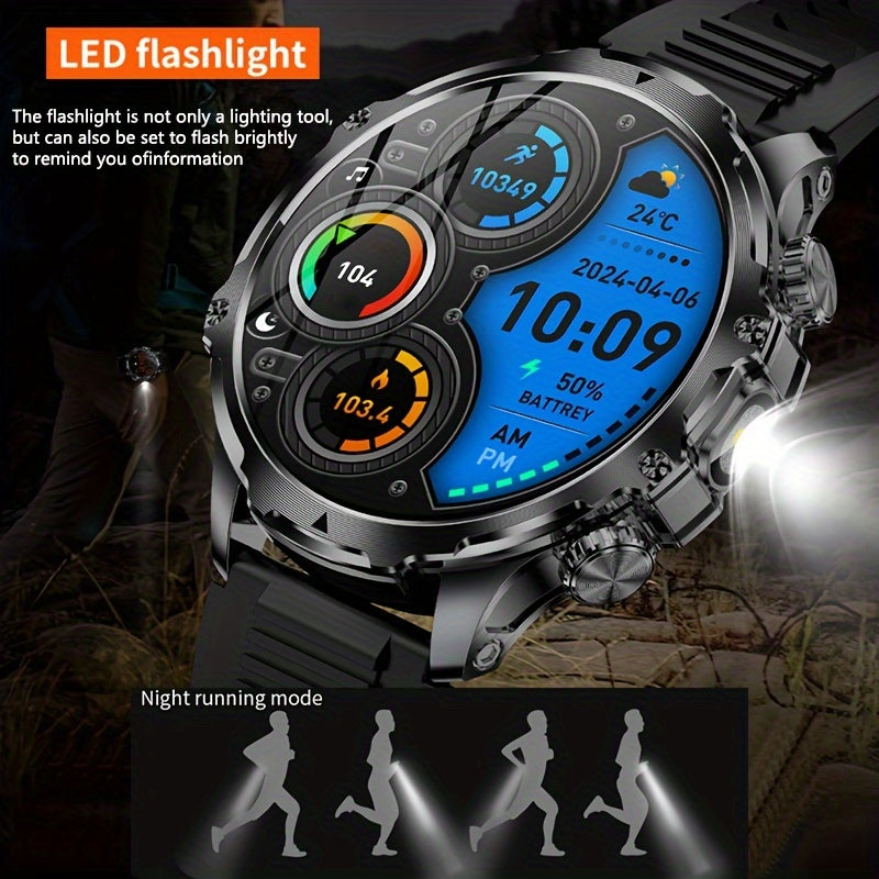Paearofero Men's Sports Smart Watch with Wireless Calling, 800mAh Battery, 4.7cm HD Full Touch Screen, 100+ Sports Modes, Flashlight, Pedometer, Date Feature, Alloy Case, Stainless Steel Silica Band, Electronic Drive, Smart M